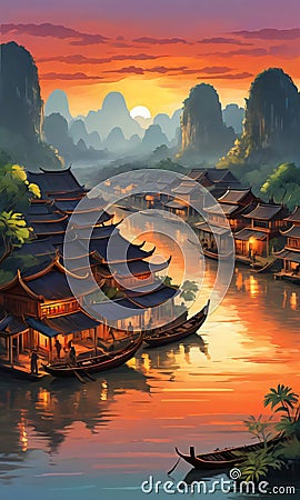 Painting Style Illustration Of A Southeast Asian Ancient Town Beside A River At Sunset. Generative AI Stock Photo