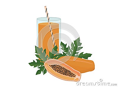 A concept of papaya juice. A glass of tropical pawpaw for healthy lifestyle. Smoothie bar menu. Flat vector isolated. Vector Illustration