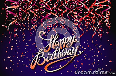 Concept party on dark blue background top view happy birthday pink purple confetti vector - modern flat design style Vector Illustration