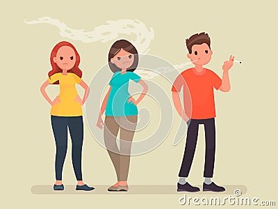 Concept of passive smoking. Discontent non-smoking people. Vector illustration Cartoon Illustration