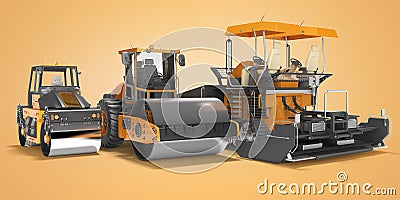 Concept paver large construction roller and small road roller 3d rendering on orange background with shadow Stock Photo