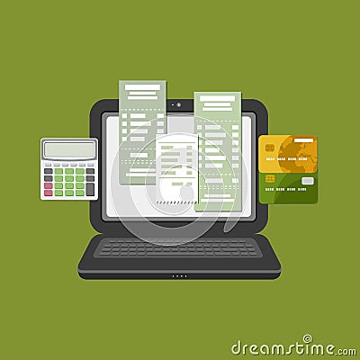 Concept of pay bill tax check online account via computer or laptop. Online payment. Vector Illustration