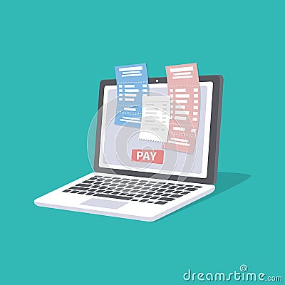 Concept of pay bills tax accounts online via computer or laptop. Online payment service. Laptop with checks and invoices Vector Illustration