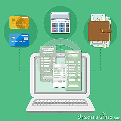 The concept of payment accounts tax bill via a computer or a laptop. Online payment. Bank card transfer. Stock Photo