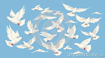 The concept of peace and freedom is expressed in a flock of birds soaring and gliding in the air. White doves fly Cartoon Illustration