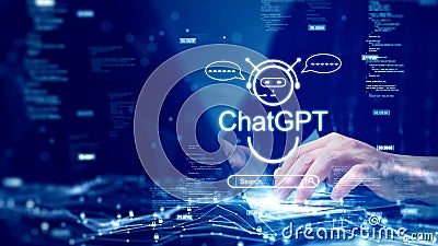 The concept of a person using a computer to connect to ChatGPT technology to help process the required information. artificial Stock Photo