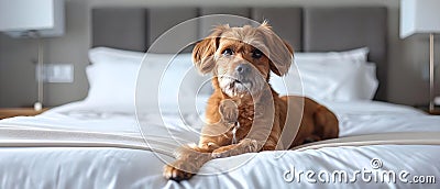 Pampered Pooch Relishes Serene Bedroom Oasis. Concept Pet Photography, Luxury Lifestyle, Serene Home Settings, Dog Portraits, Cozy Stock Photo