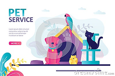 Concept of pets care services and zooshop. Bringing puppy to grooming, veterinary service. Pet hotel, daycare and animal store Vector Illustration