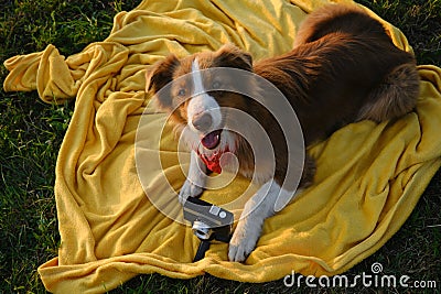 Concept pets look like people. Dog professional photographer with vintage film photo camera. Brown Australian Shepherd Stock Photo