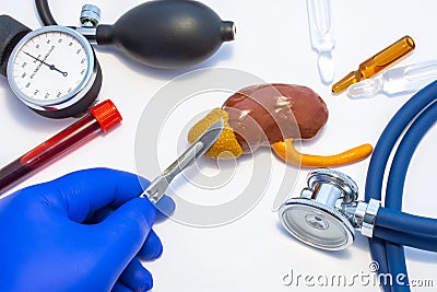 Concept photo of adrenal surgery, operation of adrenalectomy or removal. Doctor with scalpel in hand makes incision in figure of h Stock Photo