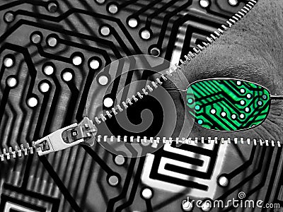 Ai artificial intelligence specs glasses printed circuit board unzipped zip zipper digital comms agent Stock Photo