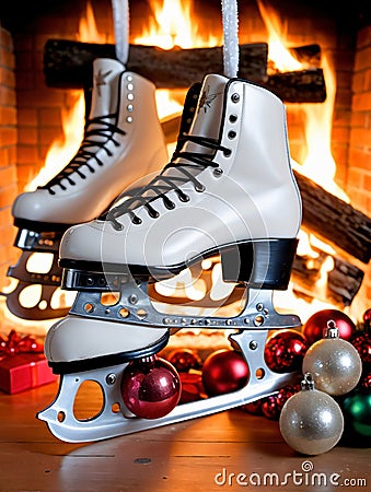 Photo Of Christmas Ice Skates Hanging By A Fire. Generative AI Stock Photo