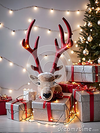 Photo Of Christmas Reindeer Antlers Wrapped With Fairy Lights Beside A Pile Of Gifts. Generative AI Stock Photo