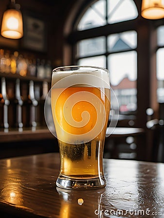 Photo Of Cold Beer Pour In Glass From Crane In Pub Background. Generative AI Stock Photo