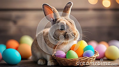 Photo Of Cute Bunny Holds Basket Of Bright Colorful Easter Eggs. Generative AI Stock Photo