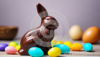 Photo Of Easter Composition With Chocolate Bunny And Colorful Easter Eggseaster Composition With Chocolate Bunny An. Generative AI Stock Photo