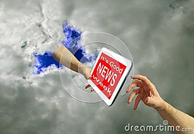 Good news week media digital tablet computer god heaven hand commandment law newspaper sky Stock Photo