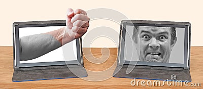 Online internet abuse rage computer tablet device Stock Photo