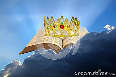 Open bible in clouds sun rays skies sky heaven kingdom god christ jesus heavens miracle prophecy word prayer pray psalms yahweh Stock Photo