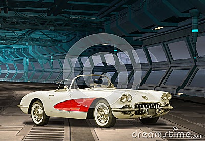 Chevrolet corvette c1 convertible cars car vehicles red space abstract port spaceship outer galaxy american vintage Editorial Stock Photo
