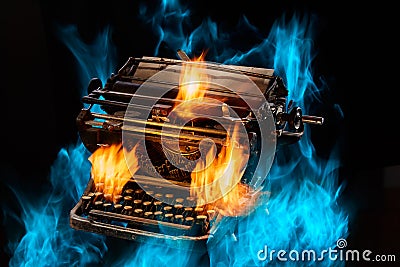 Concept shot of antique manual typewriter with paper on black background, selective focus Stock Photo