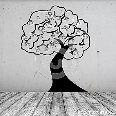 Concept picture of Brain tree and bulb fruit on White wood floor and Concrete wall Stock Photo