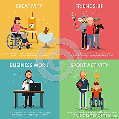 Concept pictures of disabled people rehabilitation. Human friendship. Vector banner set Vector Illustration