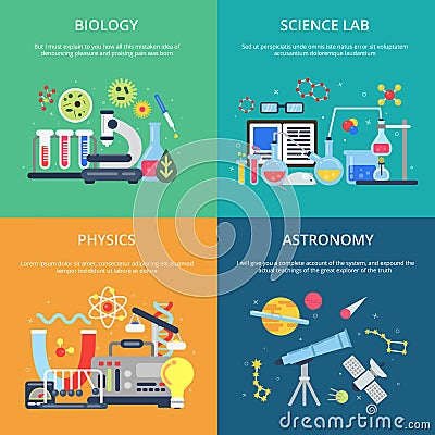 Concept pictures with science symbols. School laboratory for testing and analysis Vector Illustration