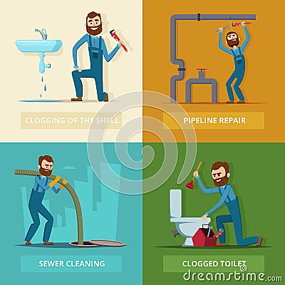 Concept pictures set of plumber at work Vector Illustration