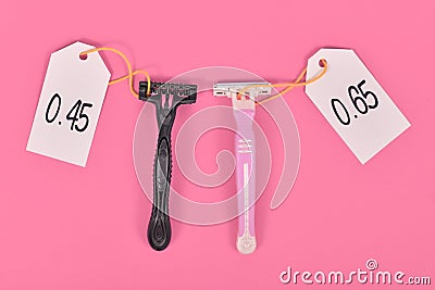 Concept for pink tax showing pink and black razor aimed at specific genders with price tags Stock Photo