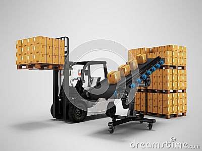 The concept of placing pallet of goods with forklift from conveyor 3d render on gray background with shadow Stock Photo