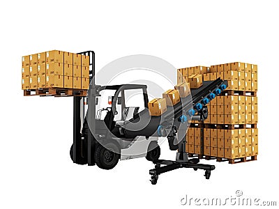 The concept of placing pallet of goods with forklift from conveyor 3d render on white background no shadow Stock Photo