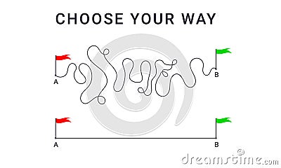 Concept of plan, easy expectation and complicated reality way. Complex messy lines, from journey to target. Process of Vector Illustration