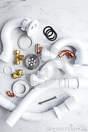 Concept plumbing work top view on stone background Stock Photo