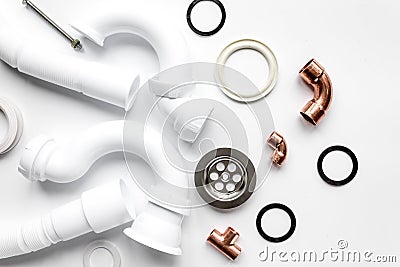 Concept plumbing work top view on white background Stock Photo