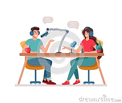 Concept of podcasting, radio station, interview. Man and woman are DJs on the radio. Podcast presenters with a Vector Illustration