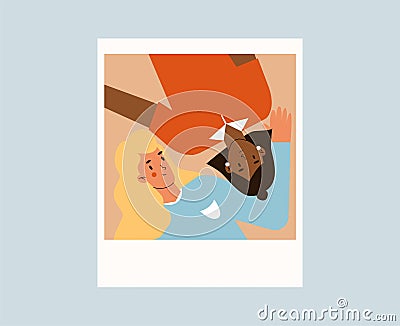 The concept of Polaroid pictures. Two friends of different nationalities. Y Vector Illustration