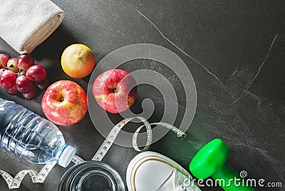 Concept preparing to fitness sports equipment top view Stock Photo