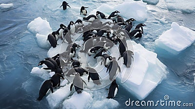 Concept of the problem of climate change, global warming and melting of glaciers. A colony of penguins are sitting on a Stock Photo