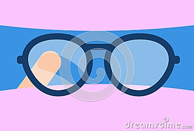 Concept problem of foggy glasses for doctors wearing medical face mask and surgical cap. Finger rubs glasses with condensation. Vector Illustration