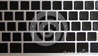 Concept of problems of today internet. Hate caption isolated on notebook keyboard with blank keys Stock Photo