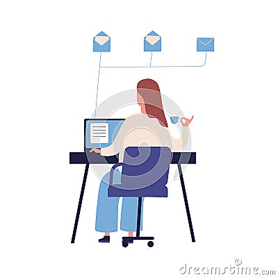 Concept of productive self organization, effective time management, organize work. Woman at the table, read email at Vector Illustration