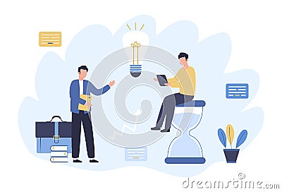 Concept of productive work in the office. Project discussion and efficiency analysis. Successful time management multitasking. Vector Illustration