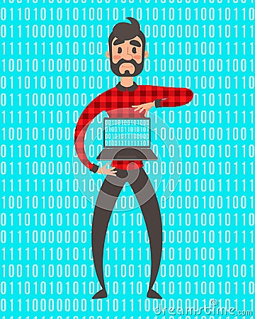 Concept of programmer superhero. Vector people illustration. Binary data code, coding on laptop. Cartoon style Vector Illustration