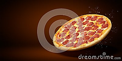 Concept promotional flyer and poster for Restaurants or pizzerias, template delicious taste pepperoni pizza, mozzarella cheese Stock Photo