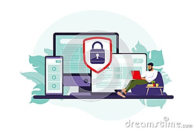 Concept of protecting computer data. General data security. Personal information protection. Vector illustration. Flat Vector Illustration