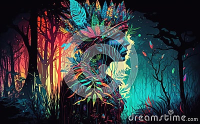 Concept of psychedelics, ayahuasca hallucination colorful neon glow illustration, forest shaman Cartoon Illustration