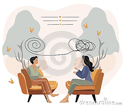 Concept of psychological healing. Woman attending a therapy appointment, engaging with a psychiatrist. Tackling stress Vector Illustration