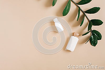 The concept of pure beauty and organic cosmetics for body care. Bottles of white cream lie on a beige background and a branch of a Stock Photo