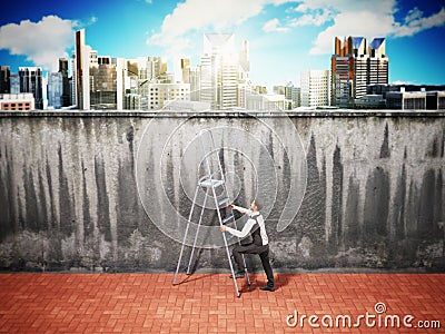 The concept of the pursuit of success A man will climb a wall al Stock Photo
